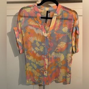 Bellatrix 100% silk sheer button up short sleeve top